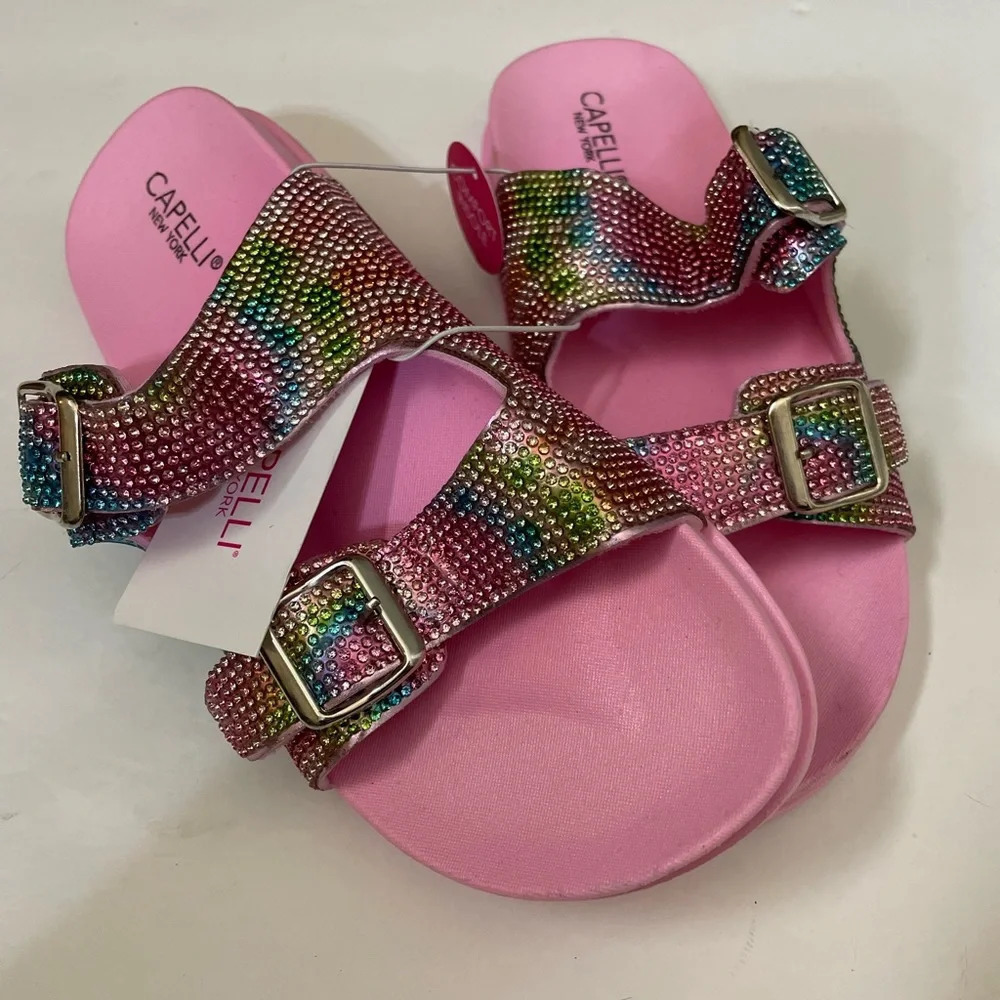 Girls Pink Shimmer Double Strap Slip-On Sandal - Picture 12 of 12